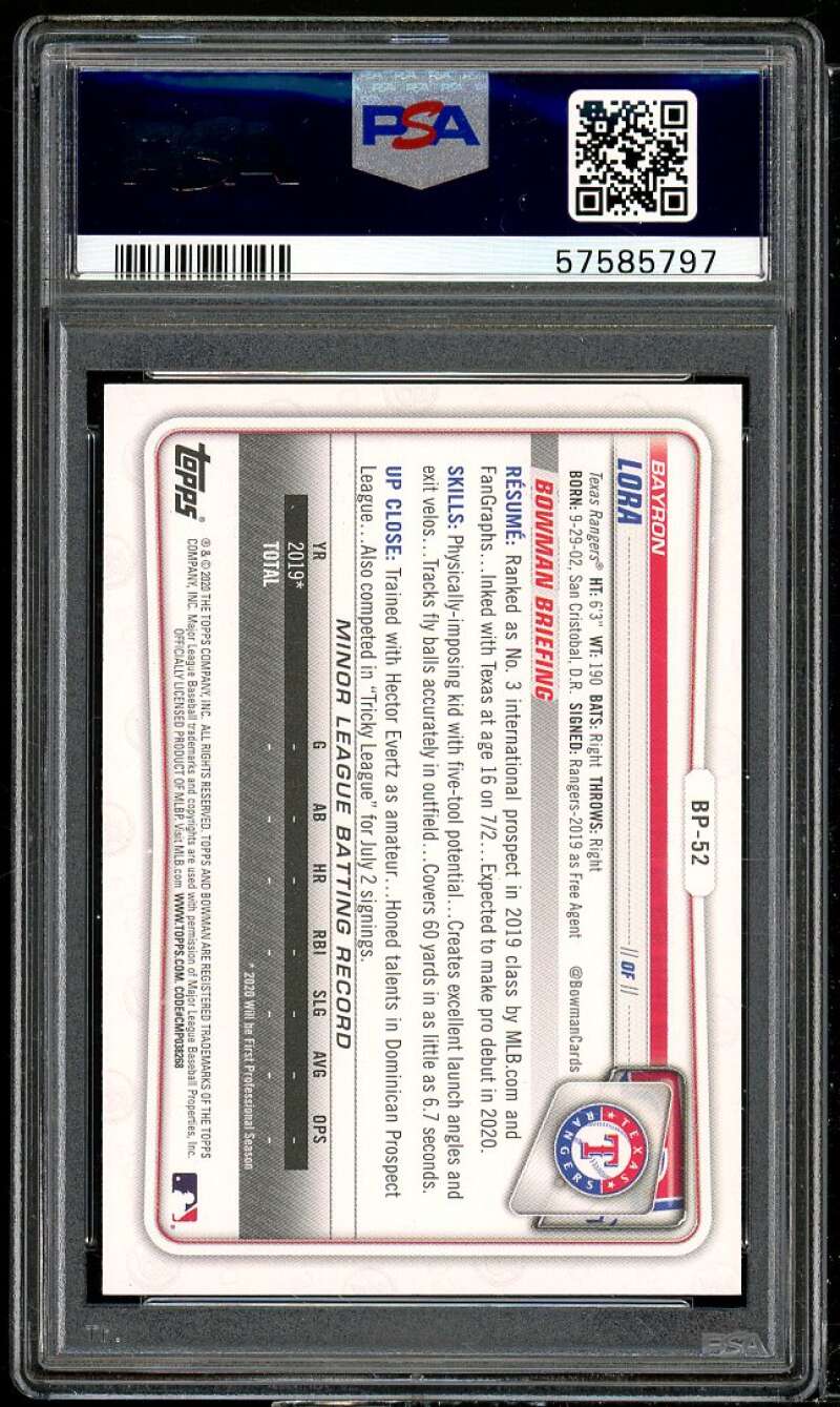 Bayron Lora Rookie Card 2020 Bowman Prospects #BP-52 PSA 9 Image 2