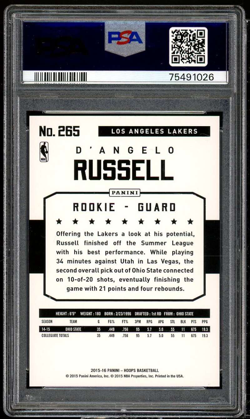 D'Angelo Russell Rookie Card 2015-16 Panini Hoops #265 PSA 10 Image 2