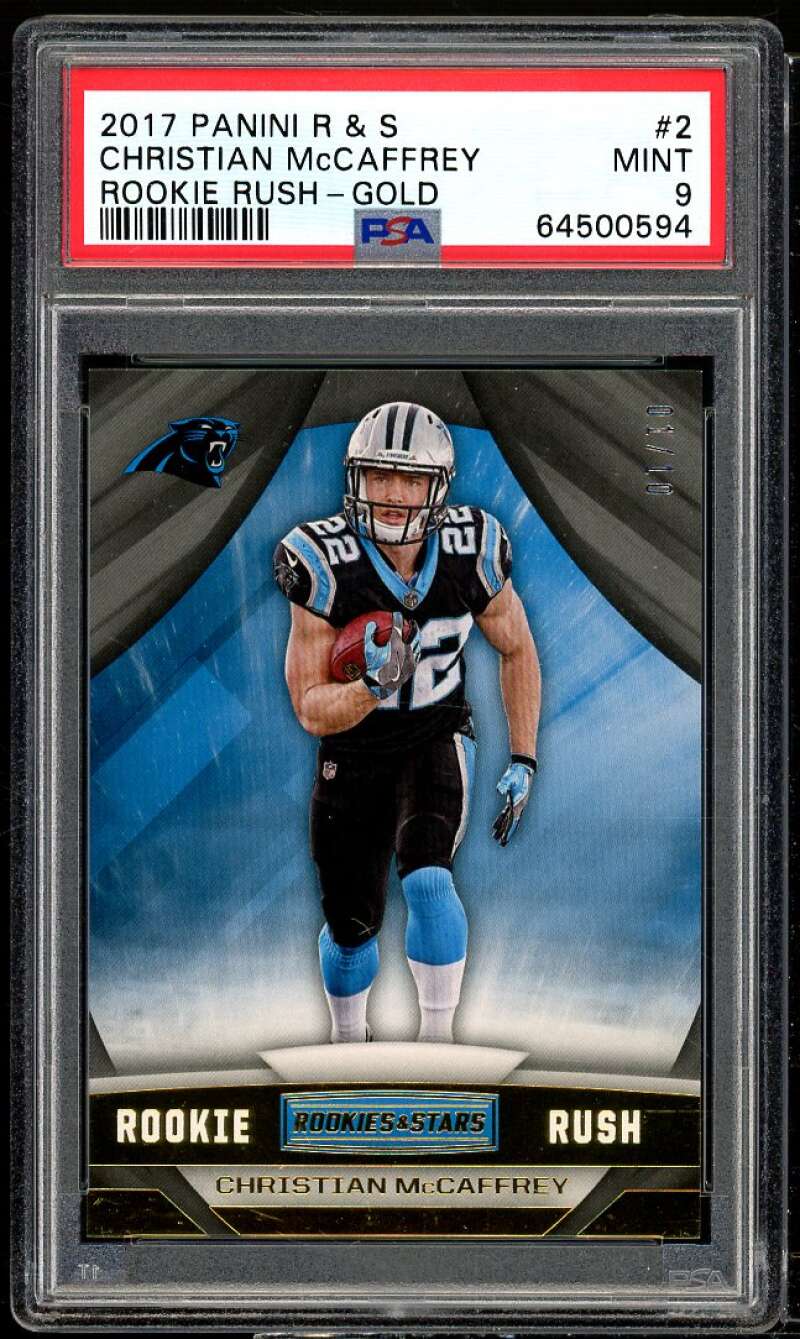 Christian McCaffrey Rookie 2017 Panini Rookies Stars Rush Gold (01/10) PSA 9 Image 1