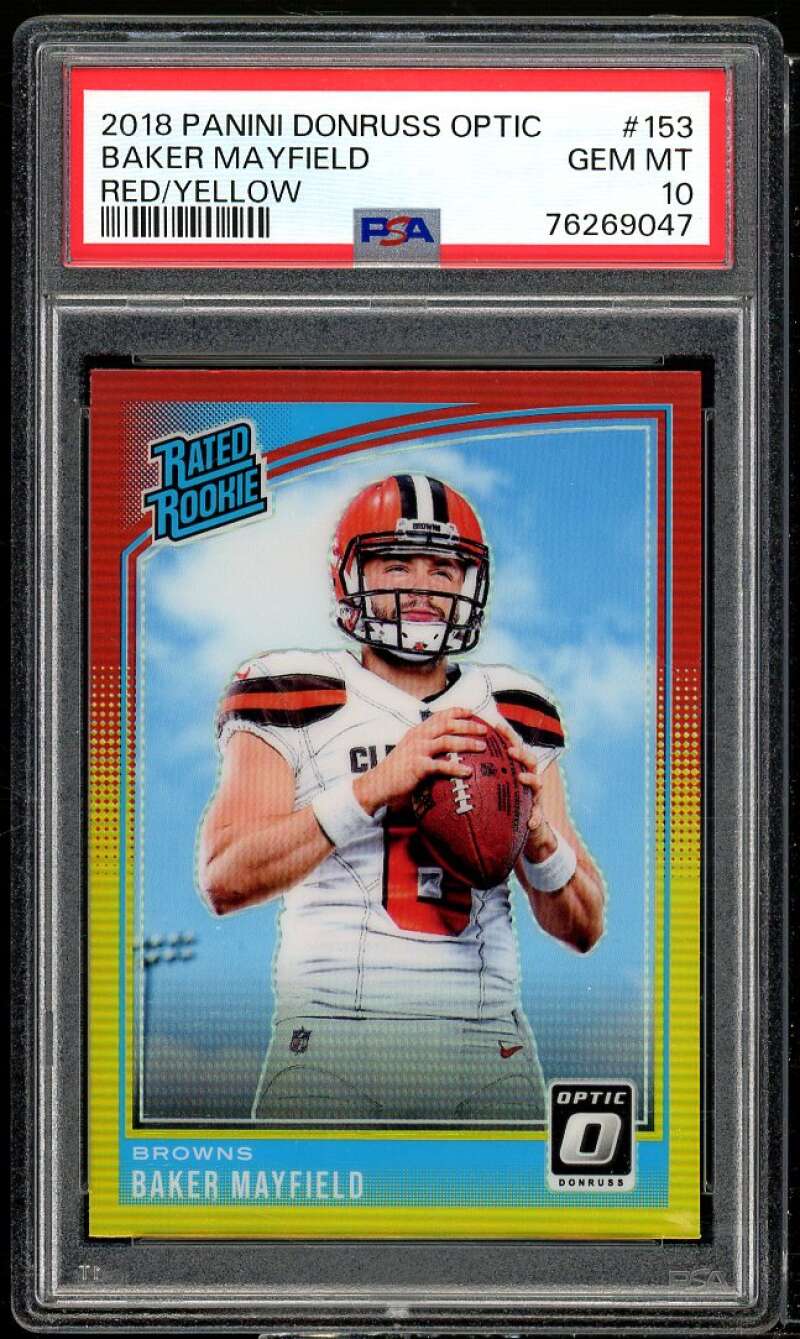 Baker Mayfield Rookie Card 2018 Donruss Optic Red yellow #153 PSA 10 Image 1