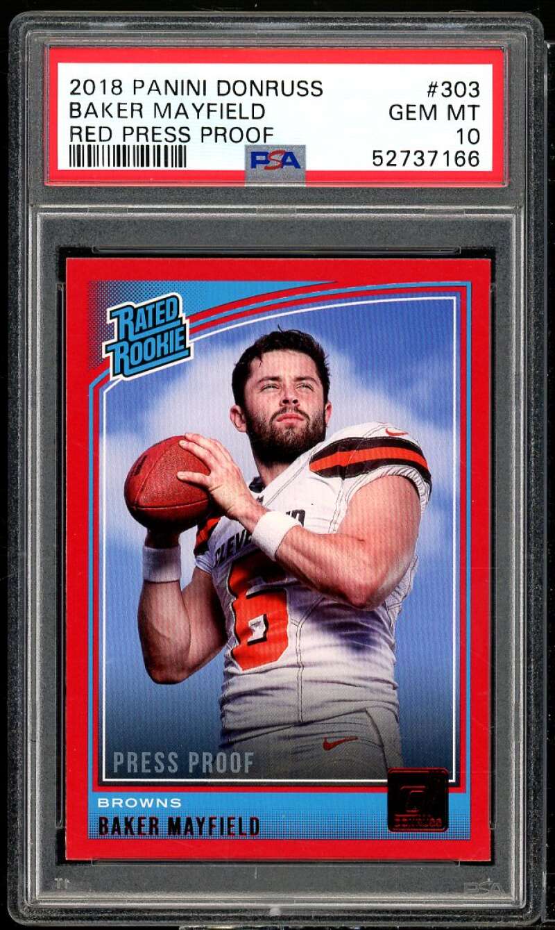 Baker Mayfield Rookie Card 2018 Donruss Press Proof Red #303 PSA 10 Image 1