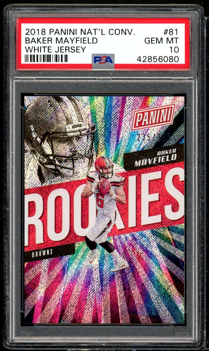 Baker Mayfield Rookie Card 2018 Panini National Conv White Jersey #81 PSA 10 Image 1