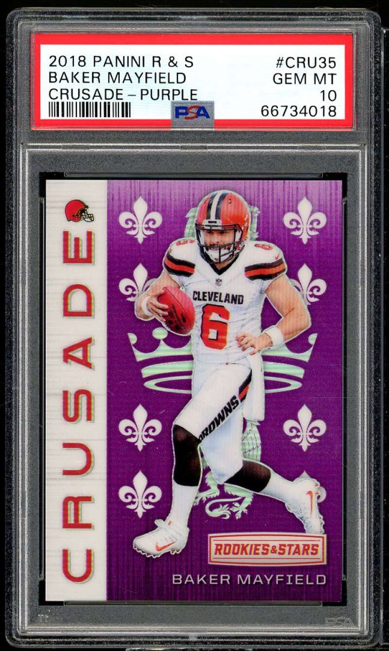 Baker Mayfield Rookie Card 2018 Black Rookies Stars Crusade Purple #CRU35 PSA 10 Image 1