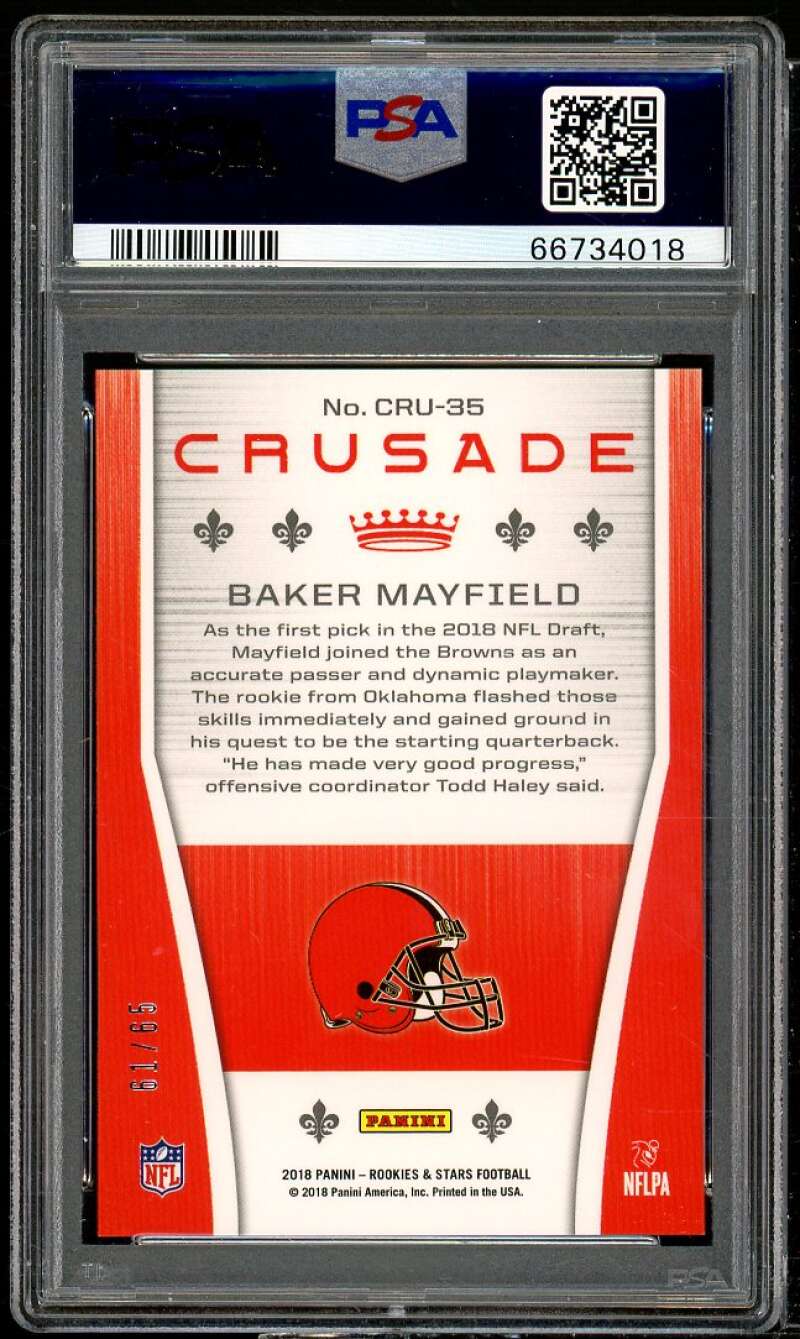 Baker Mayfield Rookie Card 2018 Black Rookies Stars Crusade Purple #CRU35 PSA 10 Image 2