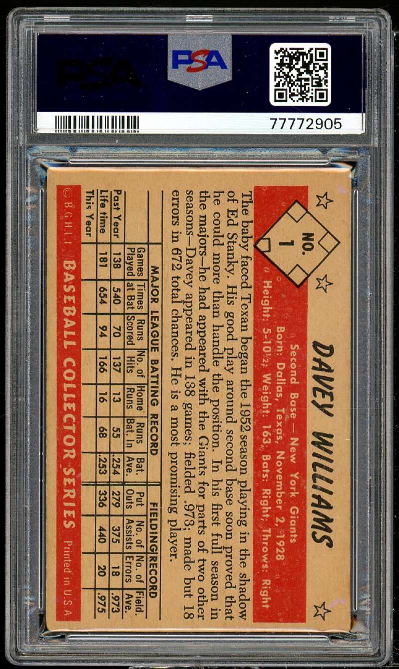 Davey Williams Card 1953 Bowman Color #1 PSA 3 Image 2