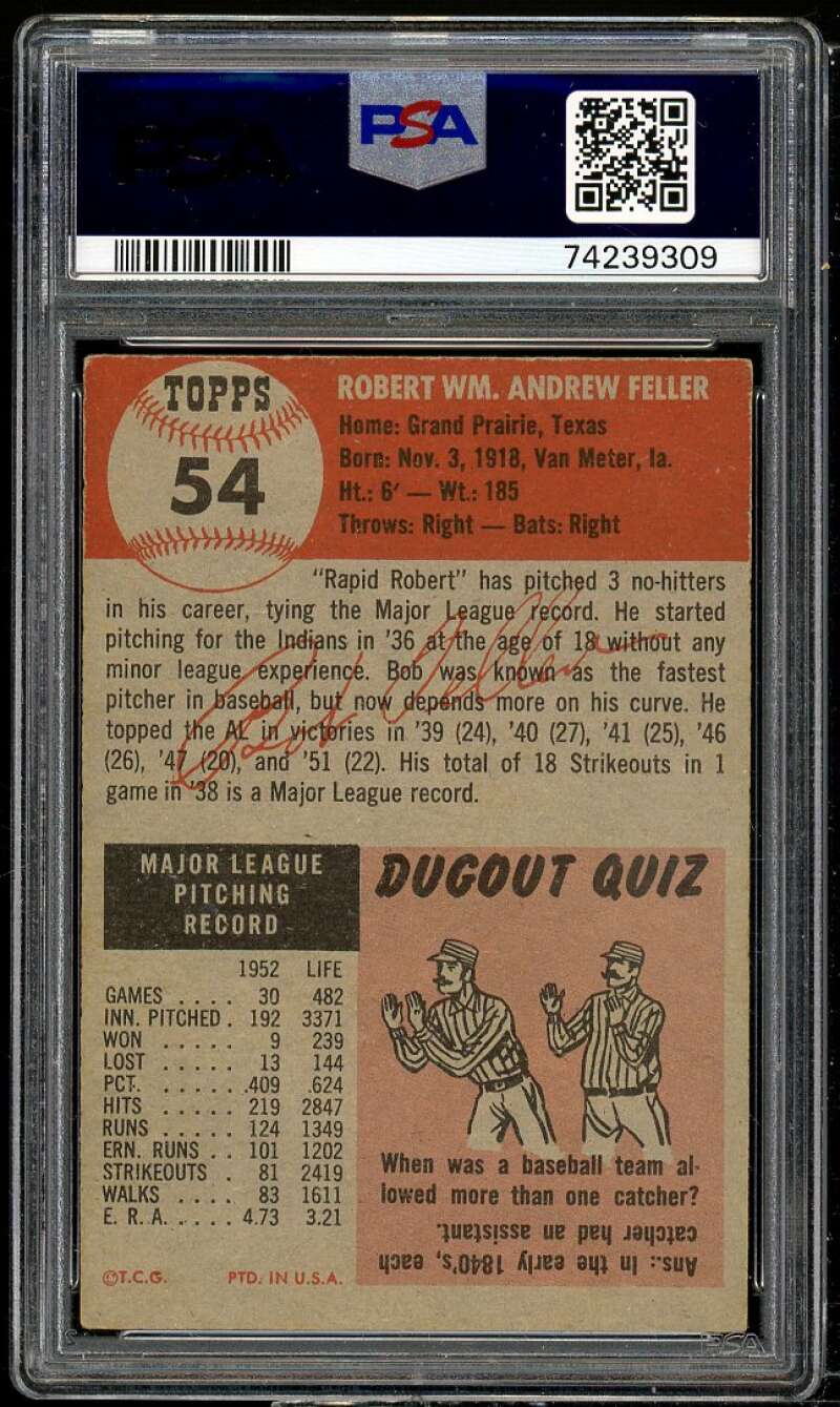 Bob Feller Card 1953 Topps #54 PSA 4 Image 2