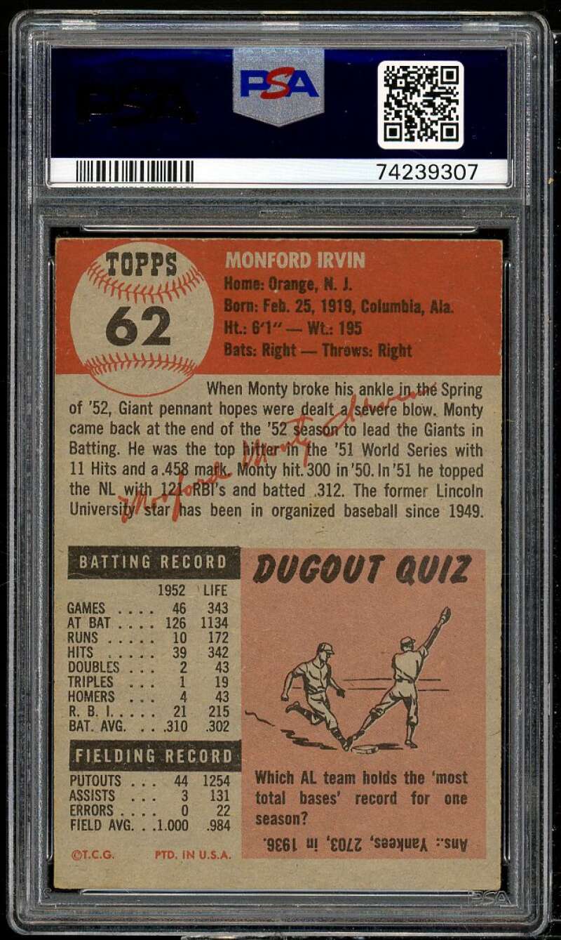 Monte Irvin Card 1953 Topps #62 PSA 3 Image 2