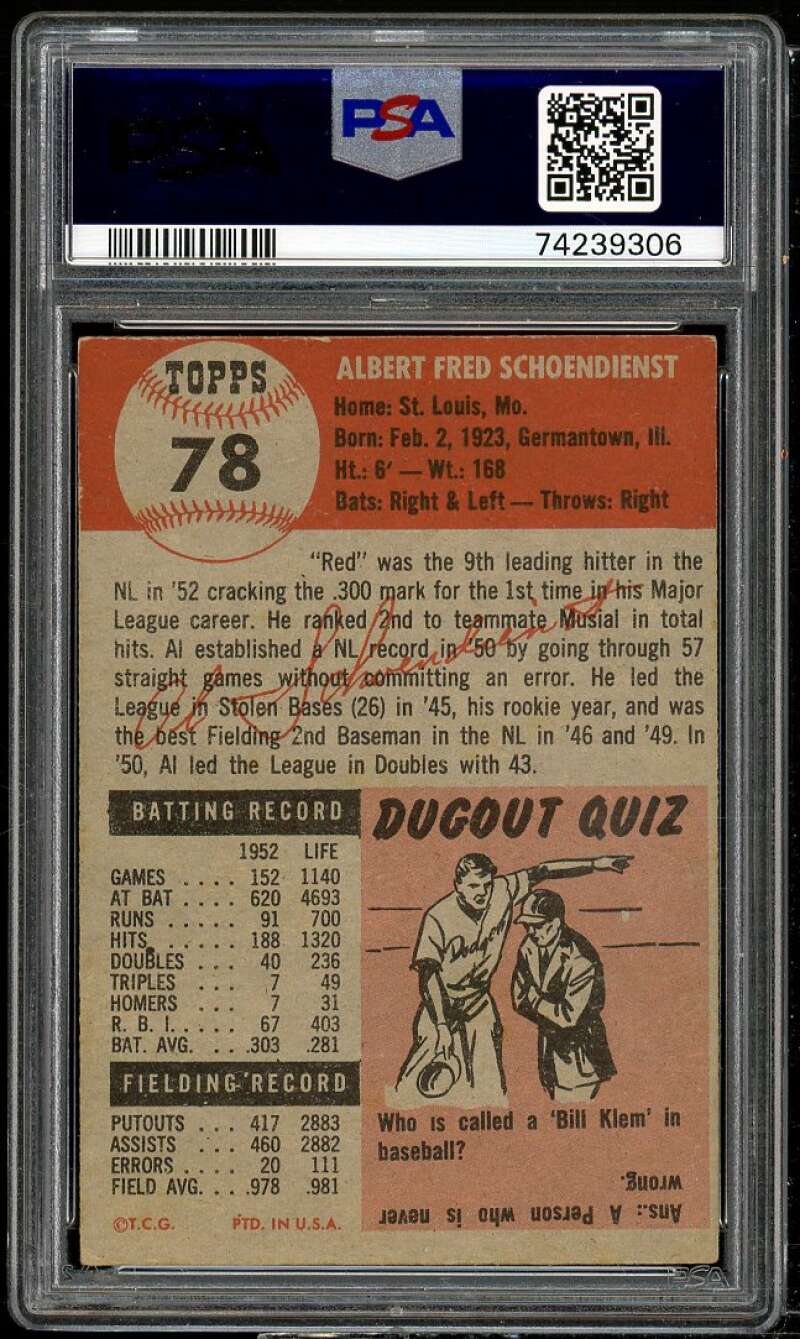 Red Schoendienst Card 1953 Topps #78 PSA 5 Image 2