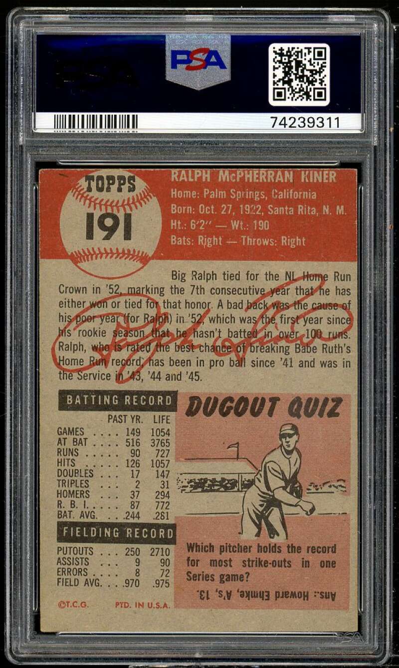 Ralph Kiner Card 1953 Topps #191 PSA 6 (MC) Image 2