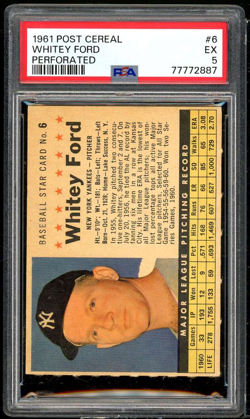 Whitey Ford Card 1961 Post Cereal Perforated #6 PSA 5 Image 1