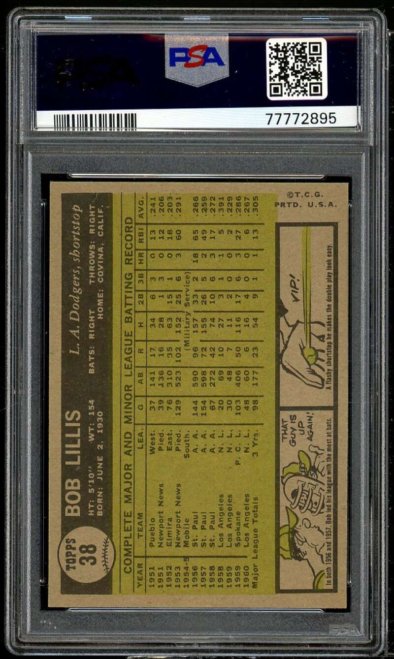 Bob Lillis Card 1961 Topps #38 PSA 8 Image 2