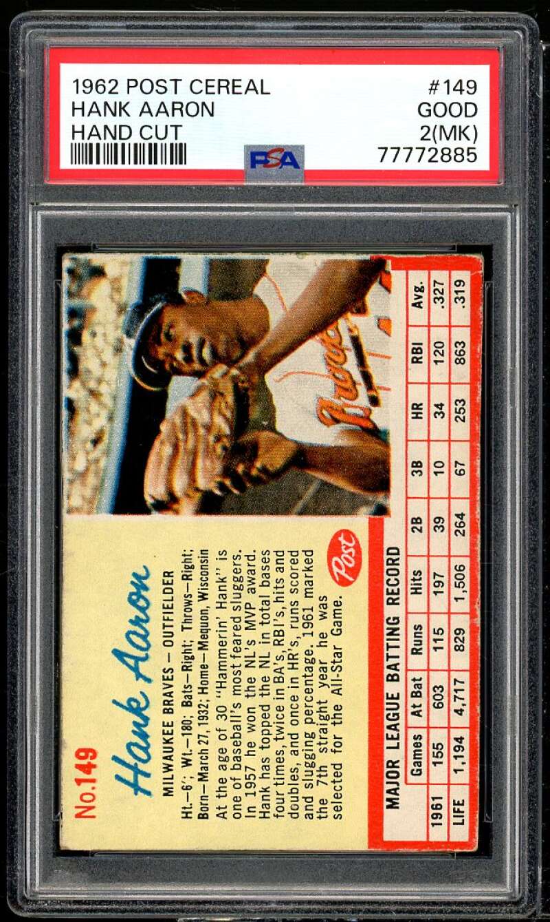 Hank Aaron Card 1962 Post Cereal Hand Cut #149 PSA 2 (MK) Image 1