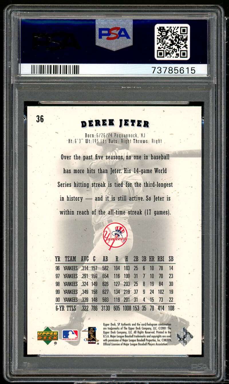 Derek Jeter Card 2001 SP Authentic #36 PSA 10 Image 2