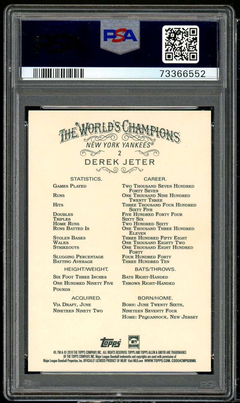 Derek Jeter Card 2018 Topps Allen Ginter #2 PSA 10 Image 2