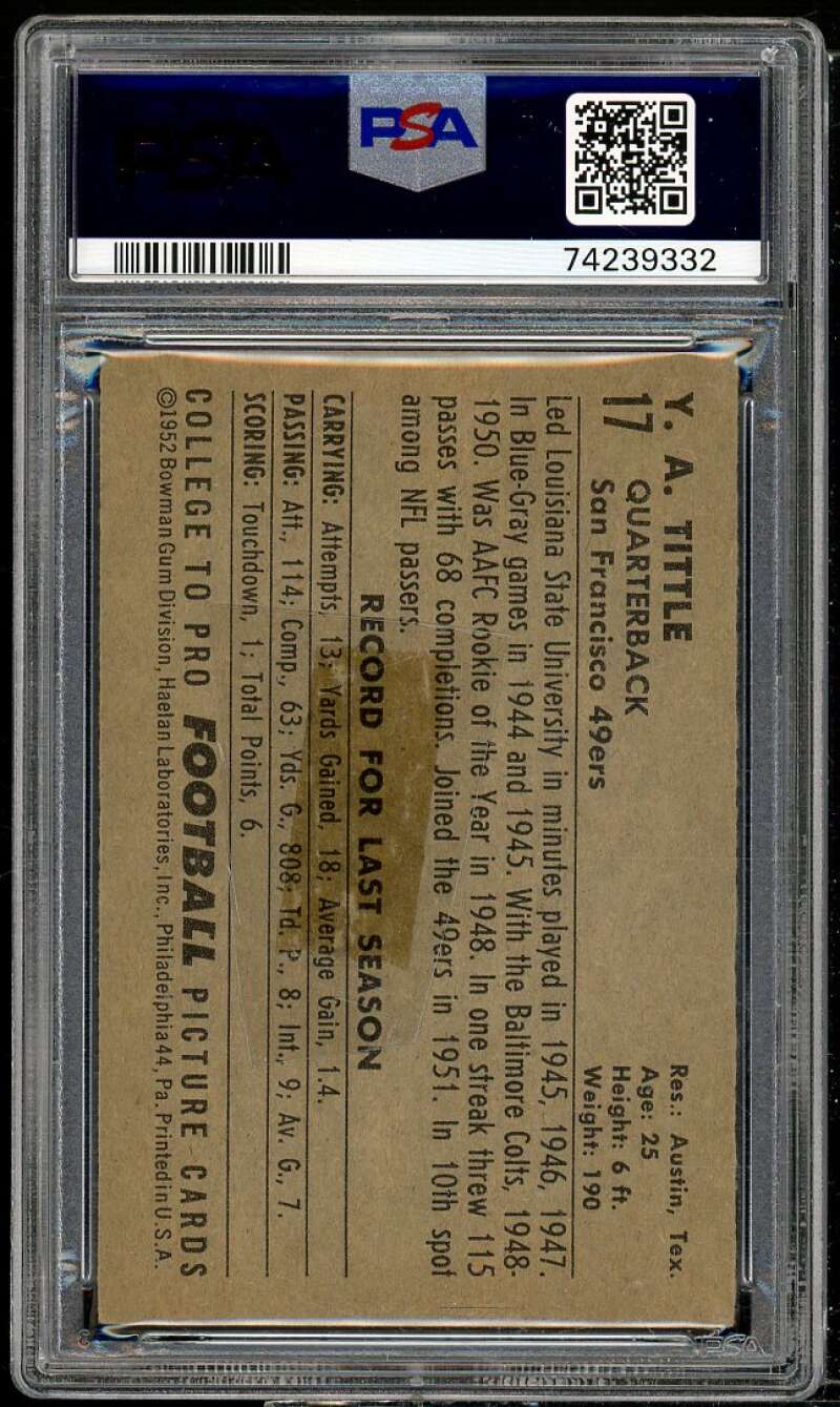Y.A. Tittle Card 1952 Bowman Large #17 PSA Authentic Image 2