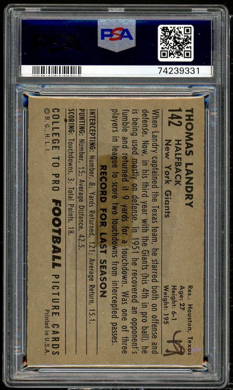 Tom Landry Card 1952 Bowman Large #142 PSA Authentic Image 2