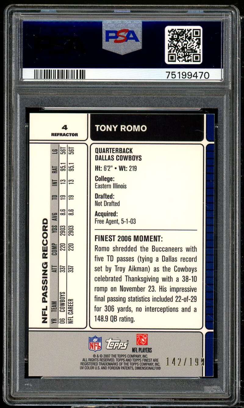 Tony Romo Card 2007 Finest Green Refractors #4 PSA 9 Image 2