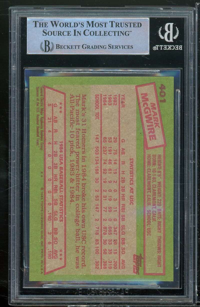 Mark McGwire Rookie Card 1985 Topps #401 BGS 8.5 (8 9 9.5 9) Image 2