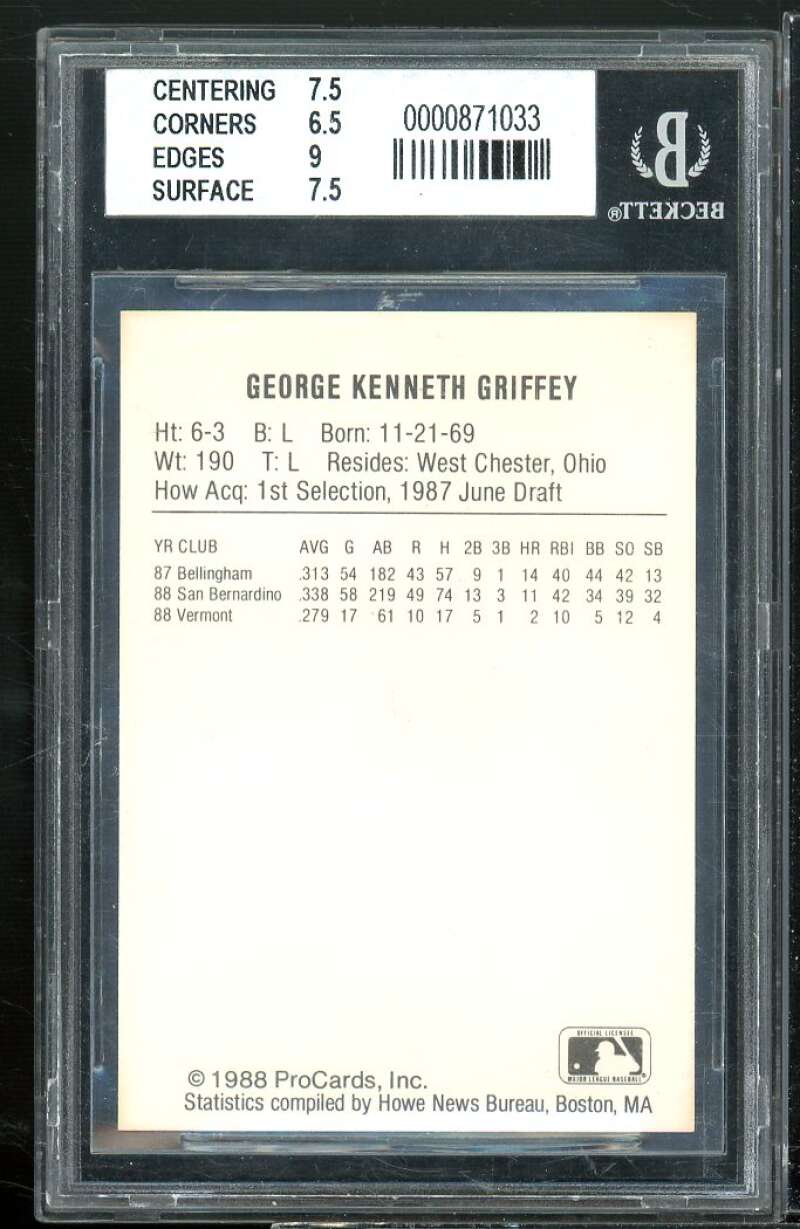 Ken Griffey Jr. Rookie Card 1988 ProCards #NNO BGS 7 (7.5 6.6 9 7.5) Image 2