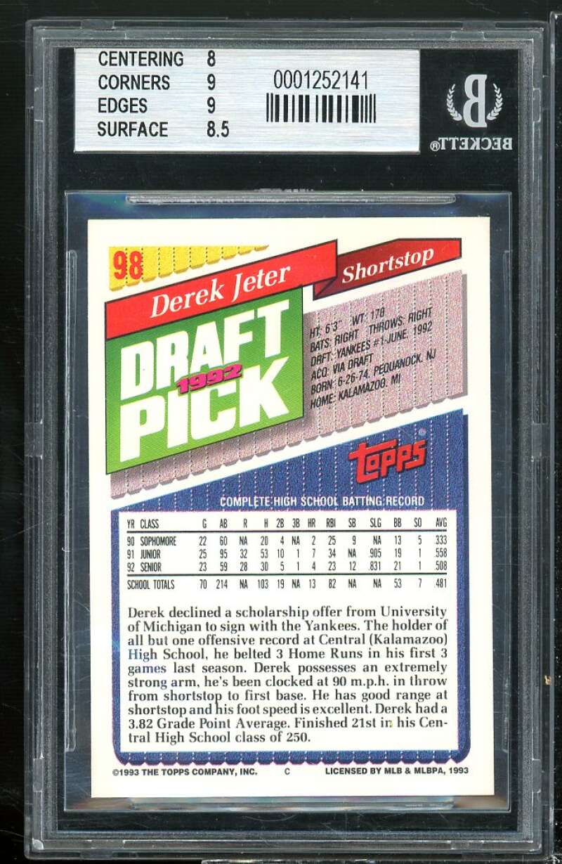 Derek Jeter Rookie Card 1993 Topps #98 BGS 8.5 (8 9 9 8.5) Image 2