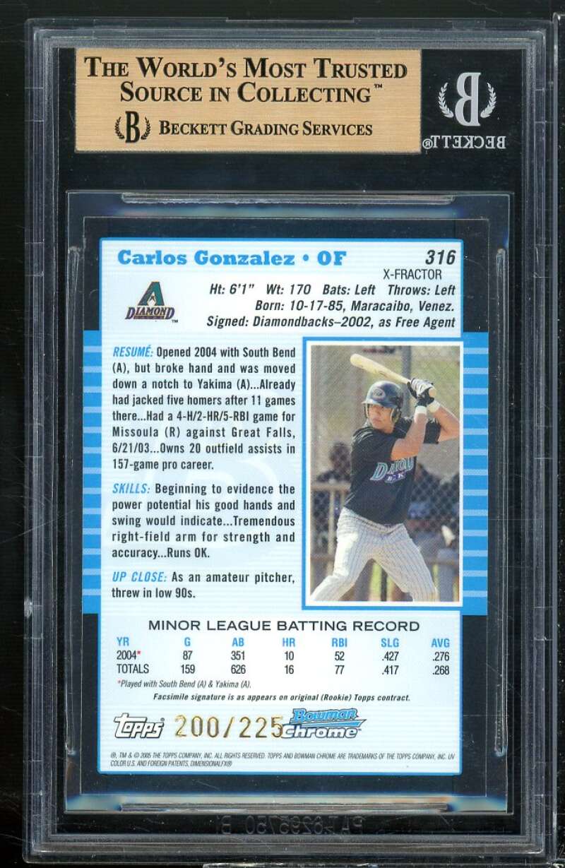 Carlos Gonzalez Rookie Card 2005 Bowman Chrome X-Fractors #316 BGS 9.5 Image 2