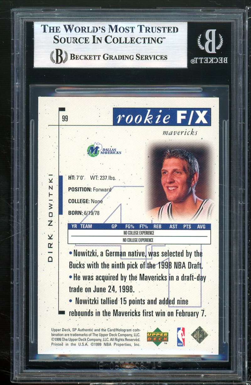 Dirk Nowitzki Rookie Card 1998-99 SP Authentic #99 BGS 9 (9.5 9 8.5 9.5) Image 2