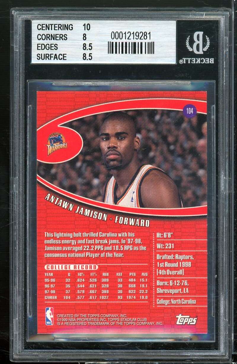 Antawn Jamison Rookie Card 1998-99 Stadium Club #104 BGS 8.5 (10 8 8.5 8.5) Image 2