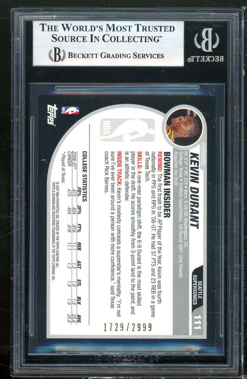 Kevin Durant Rookie Card 2007-08 Bowman #111 BGS 8.5 (10 8.5 8.5 9) Image 2