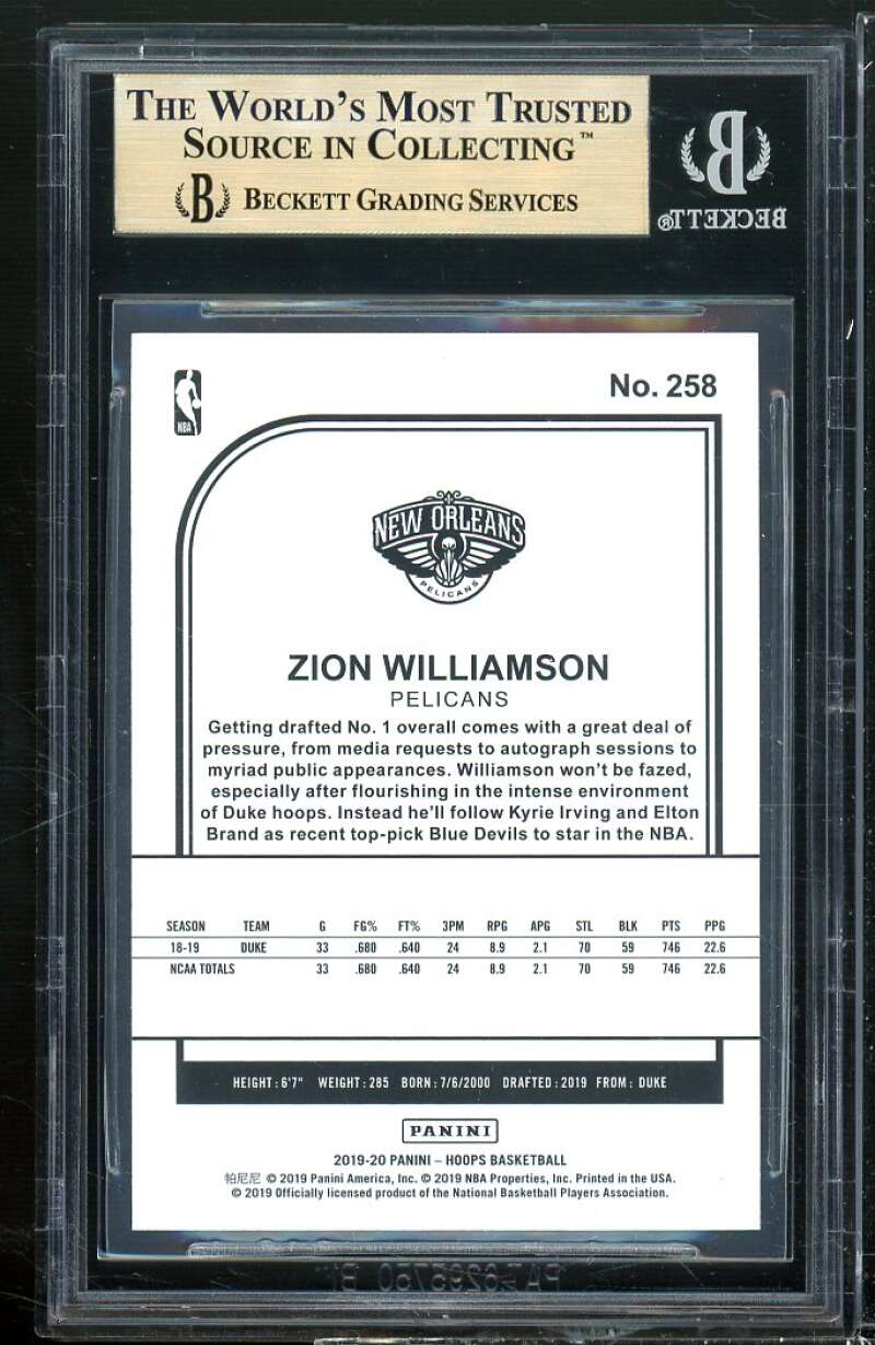 Zion Williamson Rookie Card 2019-20 Hoops #258 BGS 9.5 (9.5 9.5 9.5 10) Image 2