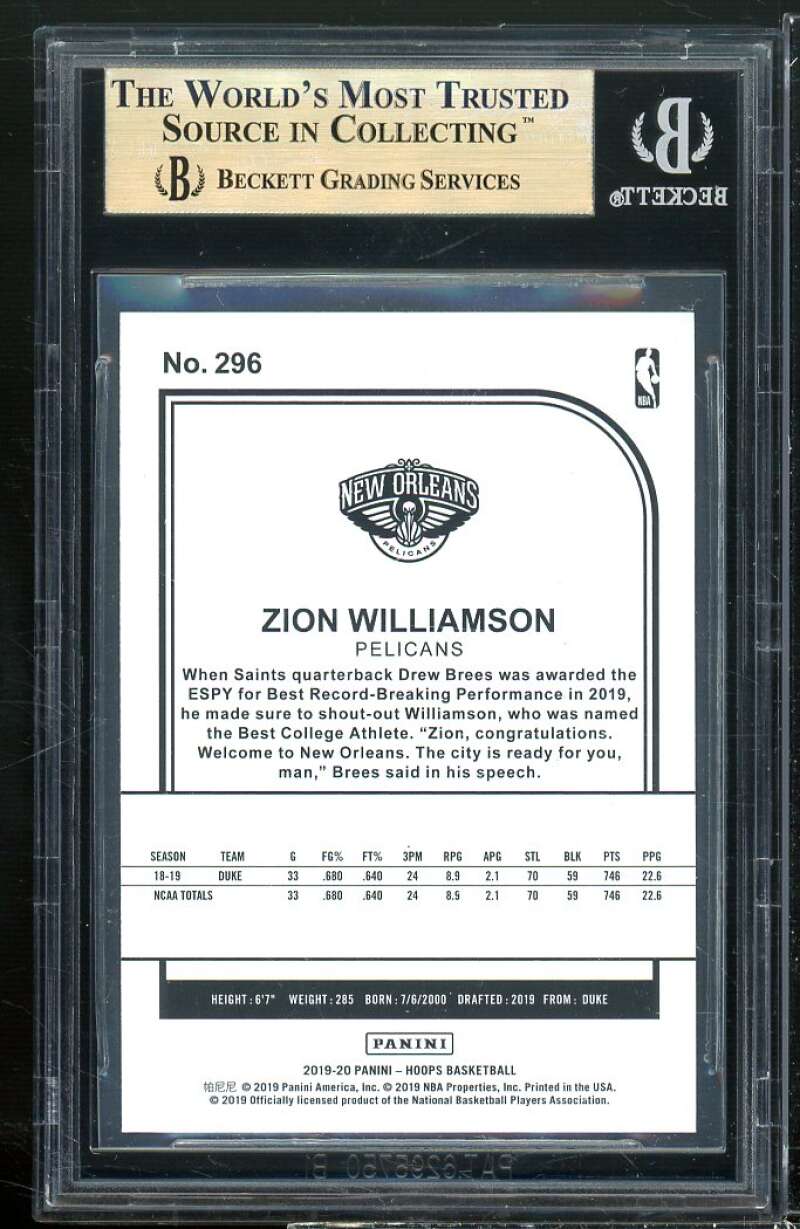 Zion Williamson Rookie Card 2019-20 Hoops #296 BGS 9.5 Image 2