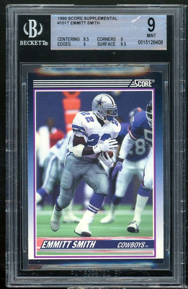 Emmitt Smith Rookie Card 1990 Score Supplemental #101T BGS 9 (8.5 9 9 9.5) Image 1