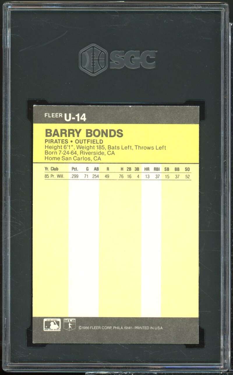 Barry Bonds Rookie Card 1986 Fleer Update #U-14 SGC 8.5 NM-MT+ Image 2