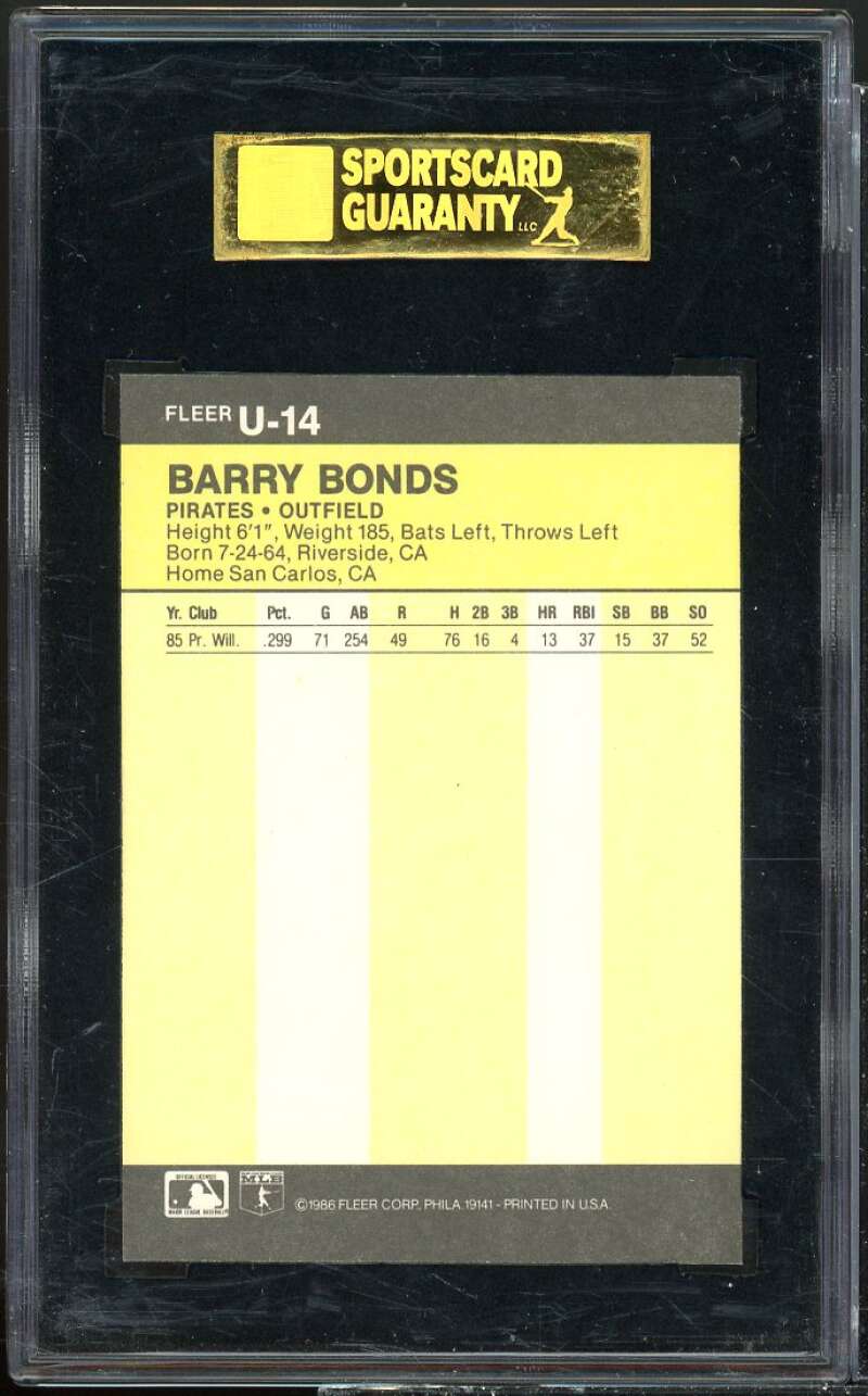 Barry Bonds Rookie Card 1986 Fleer Update #U-14 SGC 88 8 NM-MT Image 2