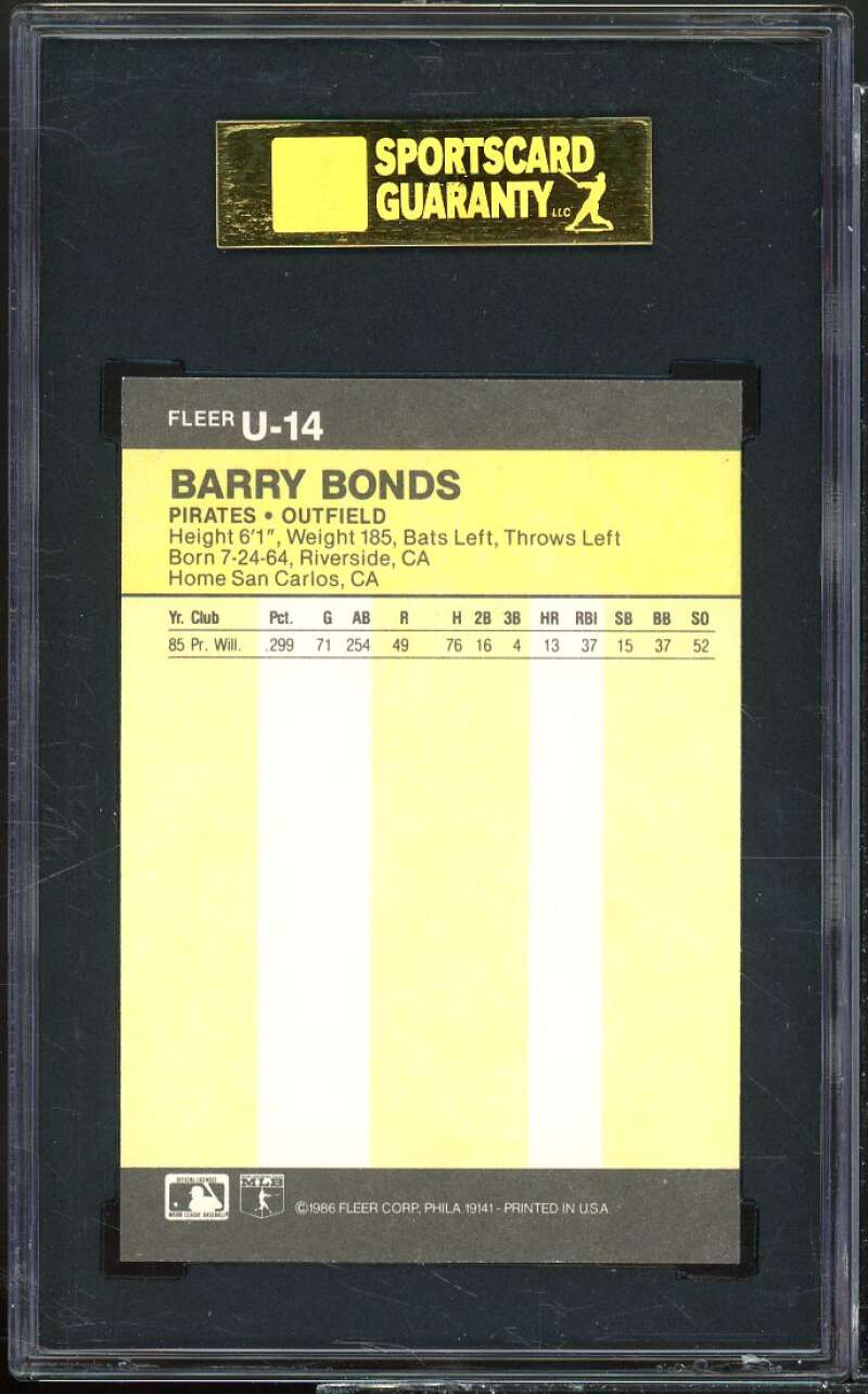 Barry Bonds Rookie Card 1986 Fleer Update #U-14 SGC 92 8.5 NM-MT+ Image 2