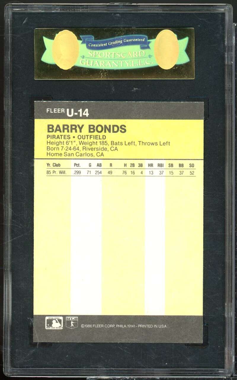 Barry Bonds Rookie Card 1986 Fleer Update #U-14 SGC 96 9 Mint Image 2