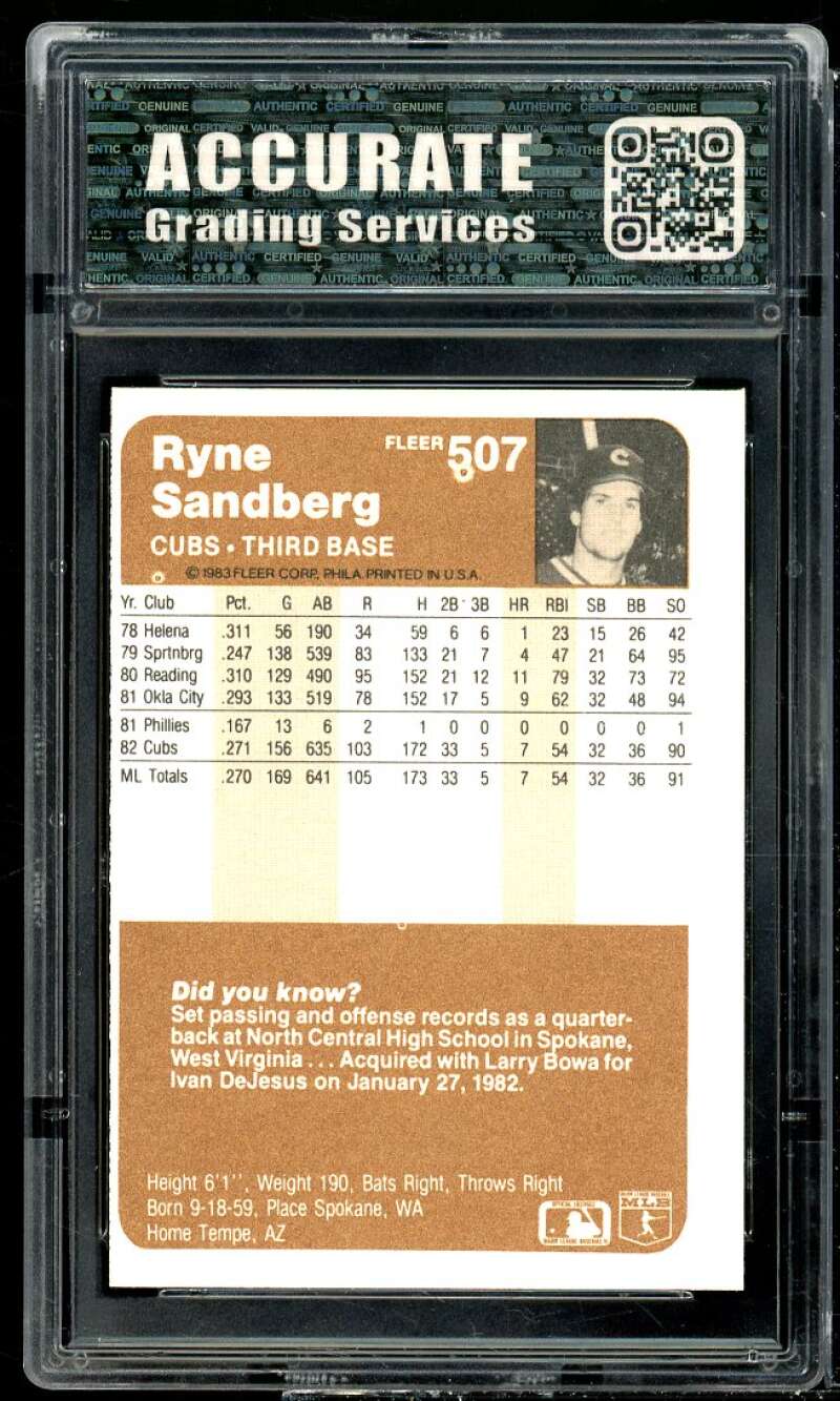 Ryne Sandberg Rookie Card 1983 Fleer #507 AGS 8 NM/MT Image 2