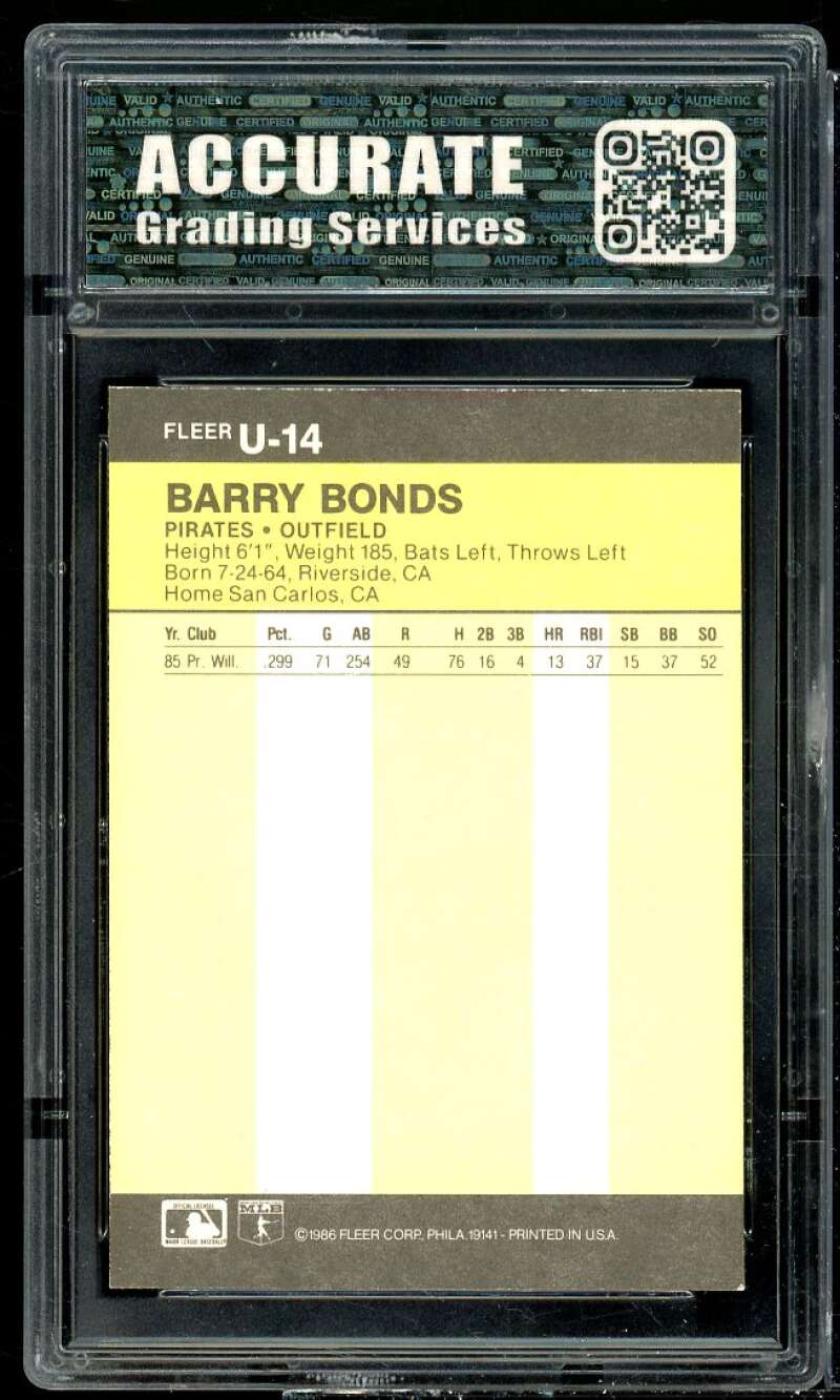 Barry Bonds Rookie Card 1986 Fleer Update #14 AGS 8 NM/MT Image 2