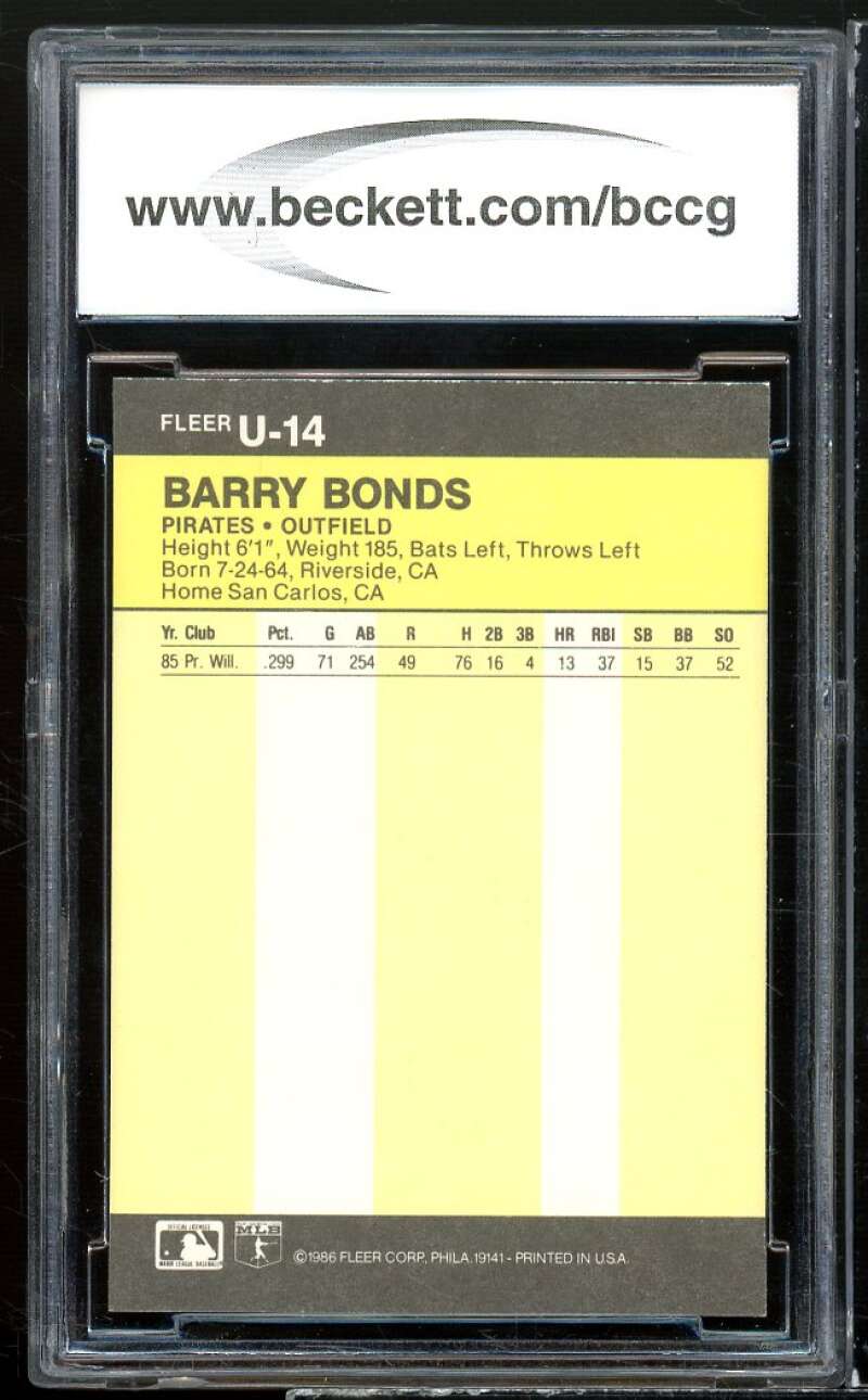 1986 Fleer Update #U-14 Barry Bonds Rookie Card BGS BCCG 10 Mint+ Image 2