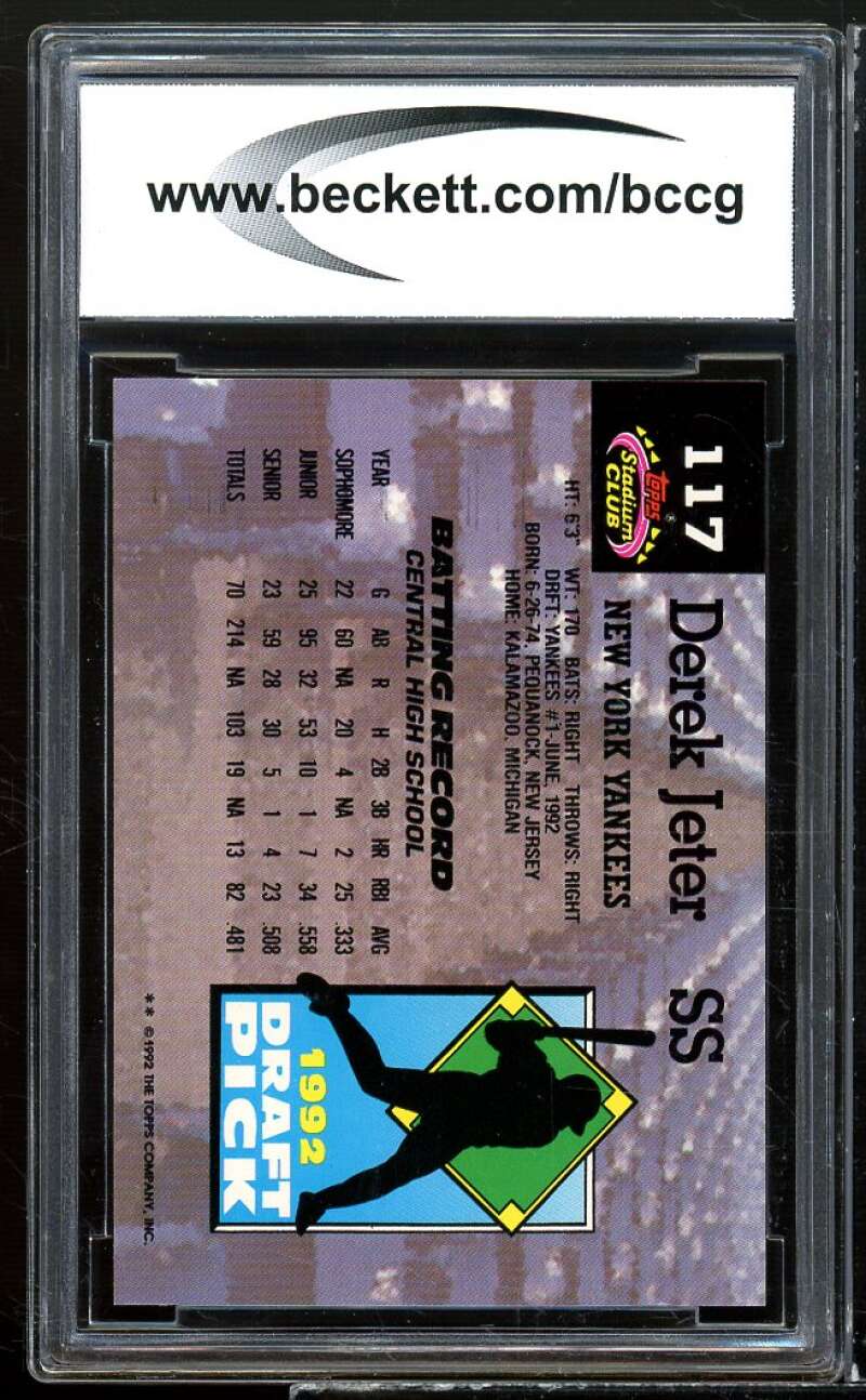 1993 Stadium Club Murphy #117 Derek Jeter Rookie Card BGS BCCG 10 Mint+ Image 2