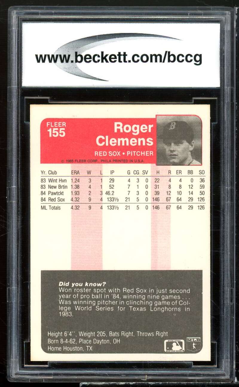 1985 Fleer #155 Roger Clemens Rookie Card BGS BCCG 9 Near Mint+ Image 2