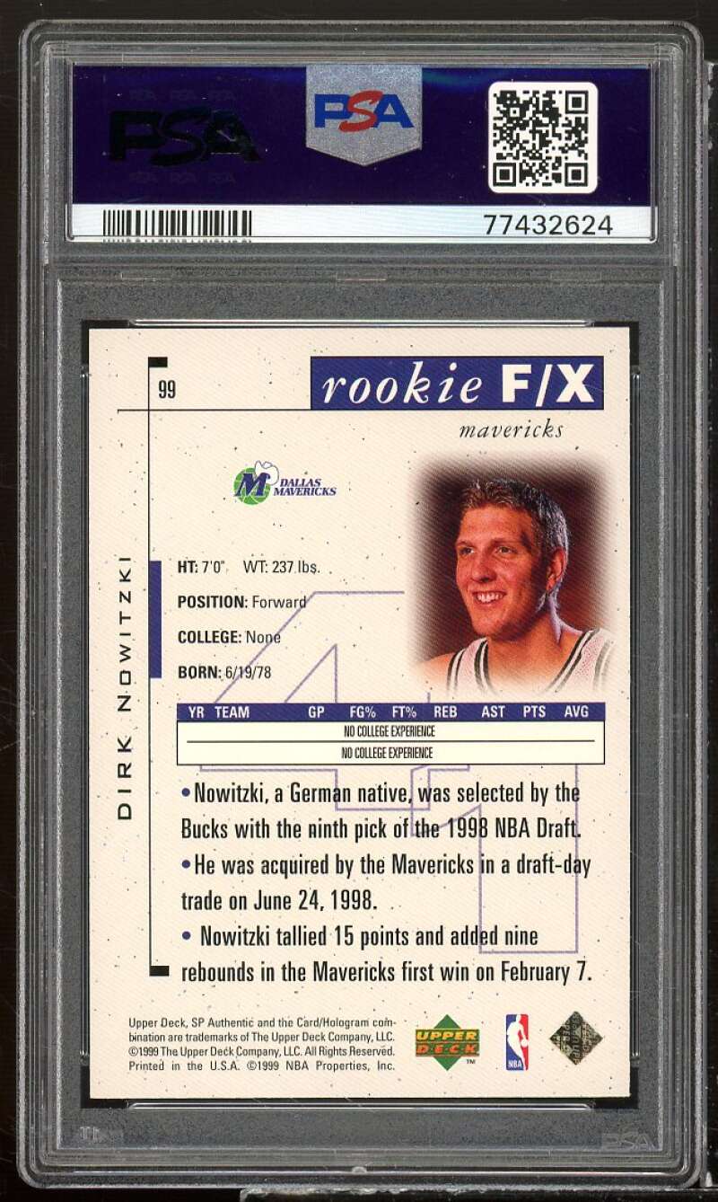 Dirk Nowitzki Rookie Card 1998-99 SP Authentic #99 PSA 9 Image 2