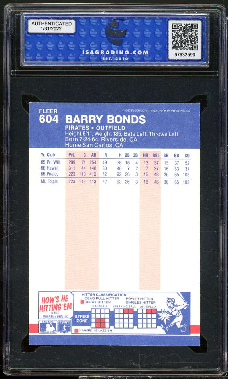 Barry Bonds Rookie Card 1987 Fleer #604 ISA 10 GEM MINT Image 2