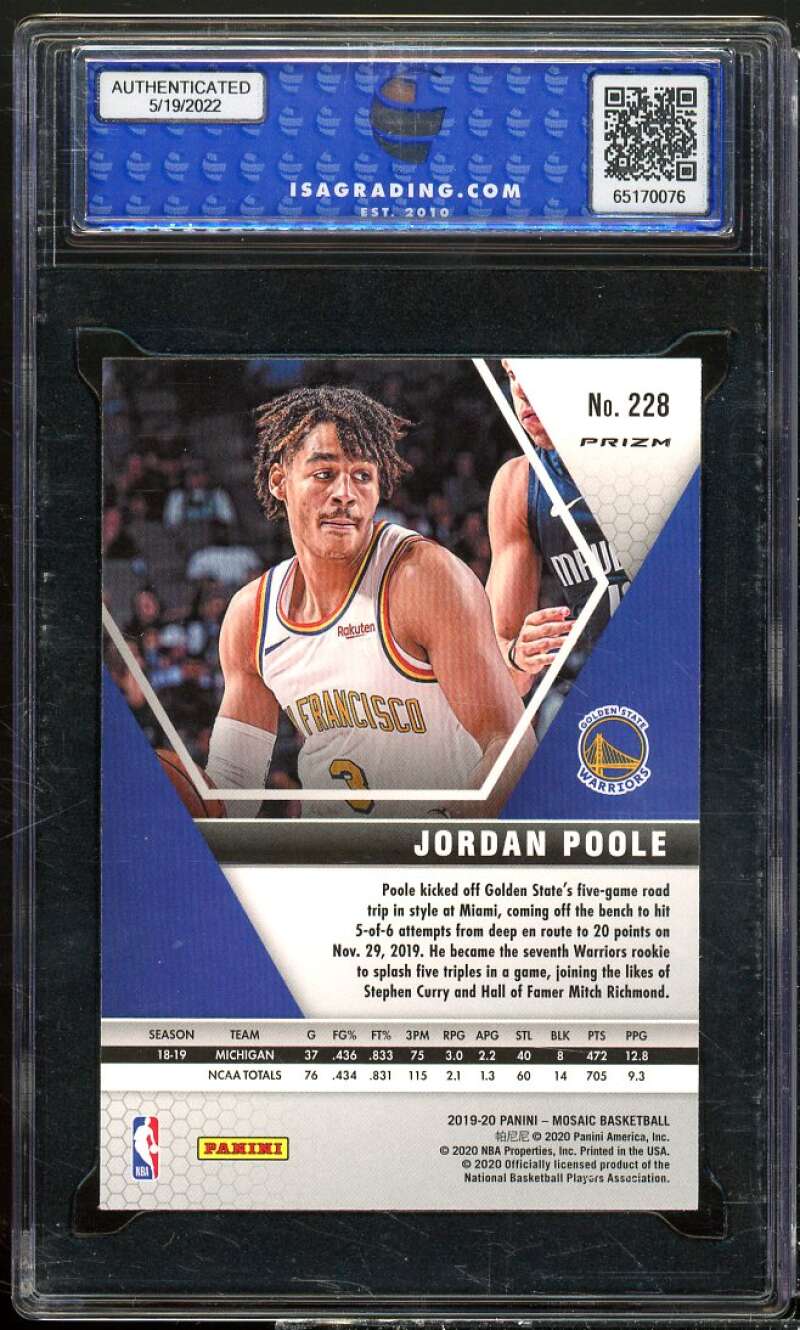 Jordan Poole Rookie 2019-20 Panini Mosaic Camo Pink Mosaic #228 ISA 10 GEM MINT Image 2