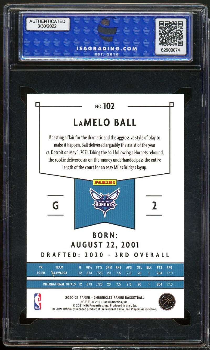 LaMelo Ball Rookie Card 2020-21 Panini Chronicles Panini #102 ISA 10 GEM MINT Image 2