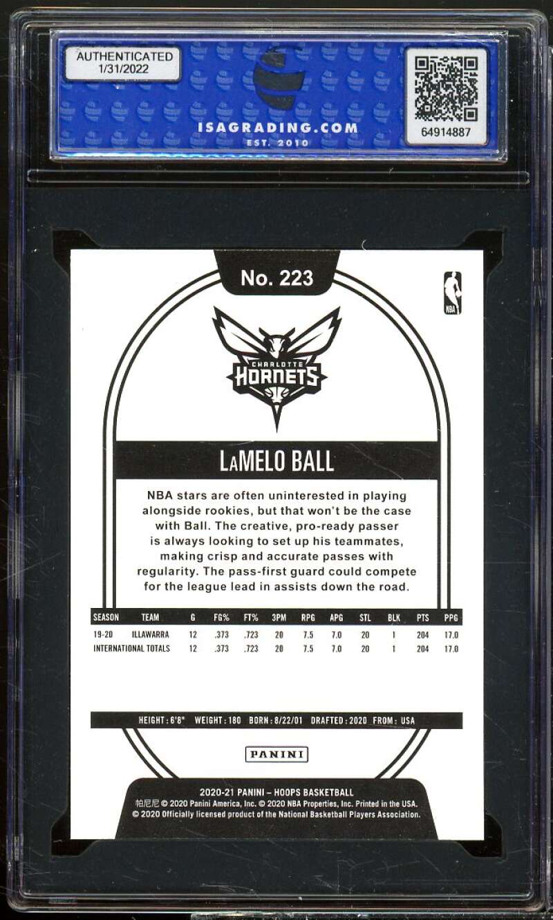 LaMelo Ball Rookie Card 2020-21 Panini Hoops #223 ISA 10 GEM MINT Image 2