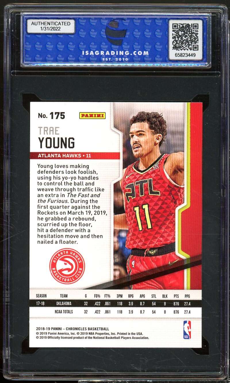 Trae Young Rookie Card 2018-19 Panini Chronicles Playoff #175 ISA 10 GEM MINT Image 2