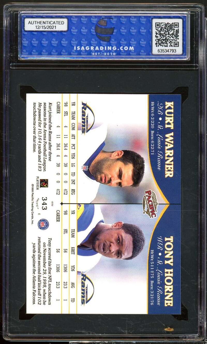 Kurt Warner / Tony Horne Rookie Card 1999 Pacific #343 ISA 8.5 NM-MT+ Image 2