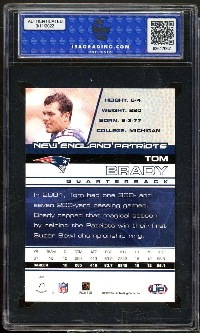 Tom Brady Card 2002 Pacific Heads Up #71 ISA 8.5 NM-MT+ Image 2