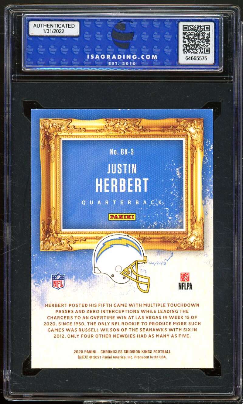 Justin Herbert Rookie Card 2020 Panini Chronicles Gridiron Kings #GK3 ISA 9 MINT Image 2