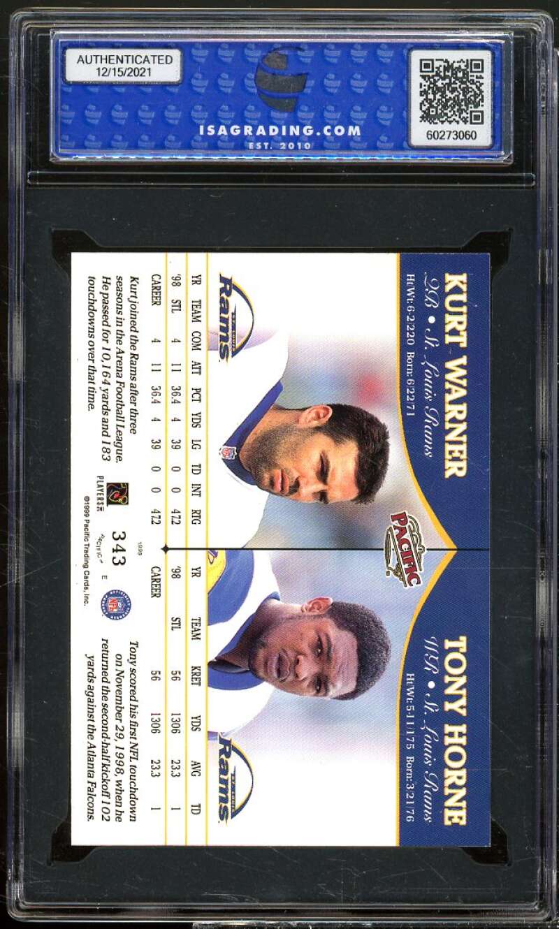 Kurt Warner/Tony Horne Rookie Card 1999 Pacific #343 ISA 9 MINT Image 2